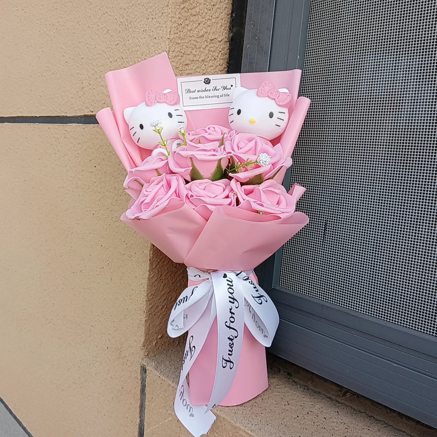 Hello Kitty Plush Bouquet with Rose Kawaii Anime Fluffy Stuffed Plush Doll Christmas Valentine'S Day Holiday Birthday Gift