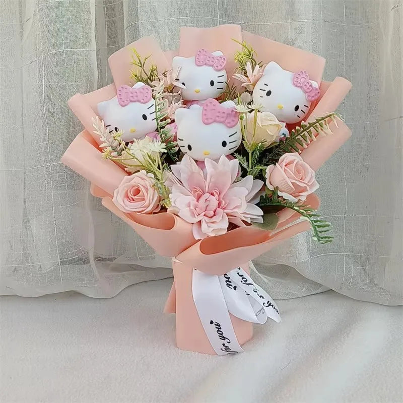 Hello Kitty Plush Bouquet with Rose Kawaii Anime Fluffy Stuffed Plush Doll Christmas Valentine'S Day Holiday Birthday Gift
