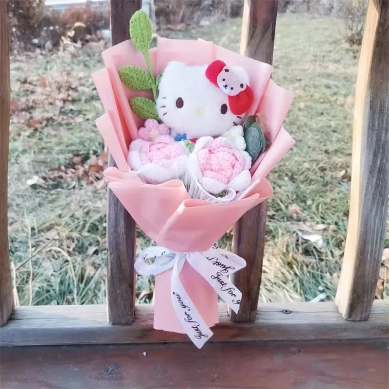 Hello Kitty Plush Bouquet with Rose Kawaii Anime Fluffy Stuffed Plush Doll Christmas Valentine'S Day Holiday Birthday Gift