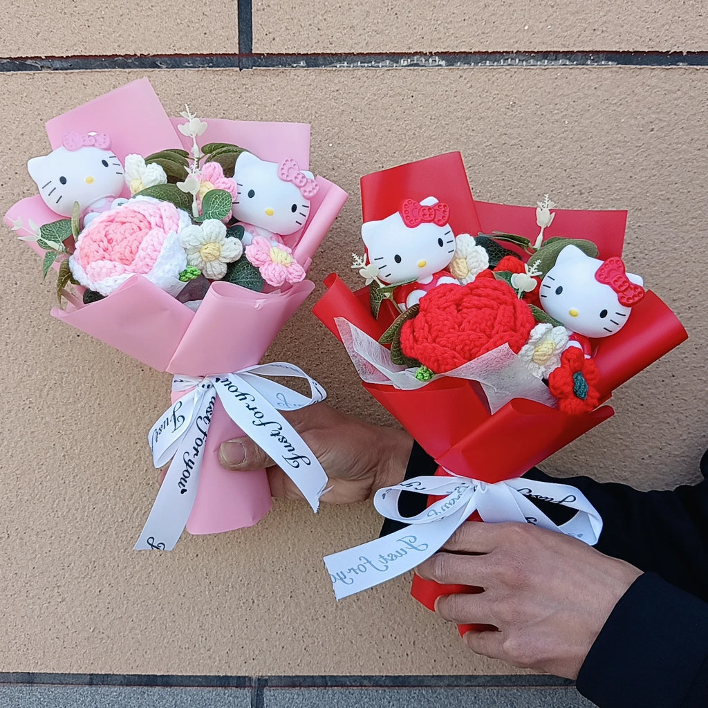 Hello Kitty Plush Bouquet with Rose Kawaii Anime Fluffy Stuffed Plush Doll Christmas Valentine'S Day Holiday Birthday Gift