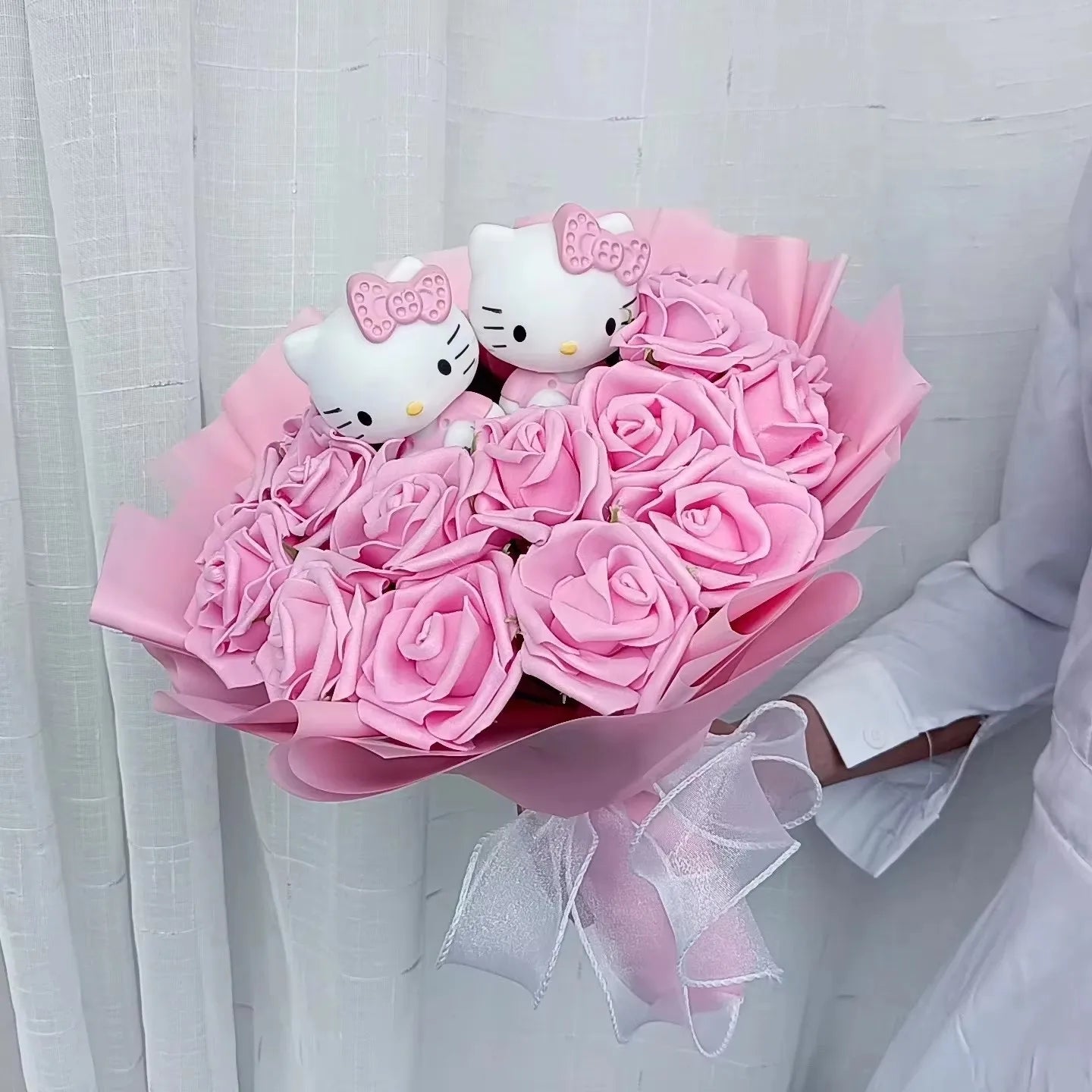 Hello Kitty Plush Bouquet with Rose Kawaii Anime Fluffy Stuffed Plush Doll Christmas Valentine'S Day Holiday Birthday Gift
