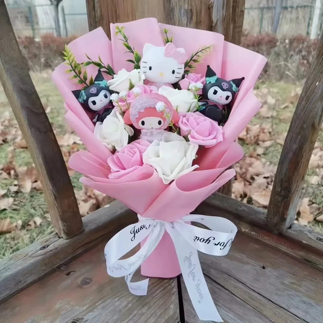 Hello Kitty Plush Bouquet with Rose Kawaii Anime Fluffy Stuffed Plush Doll Christmas Valentine'S Day Holiday Birthday Gift