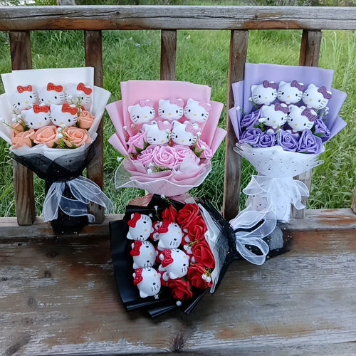 Hello Kitty Plush Bouquet with Rose Kawaii Anime Fluffy Stuffed Plush Doll Christmas Valentine'S Day Holiday Birthday Gift