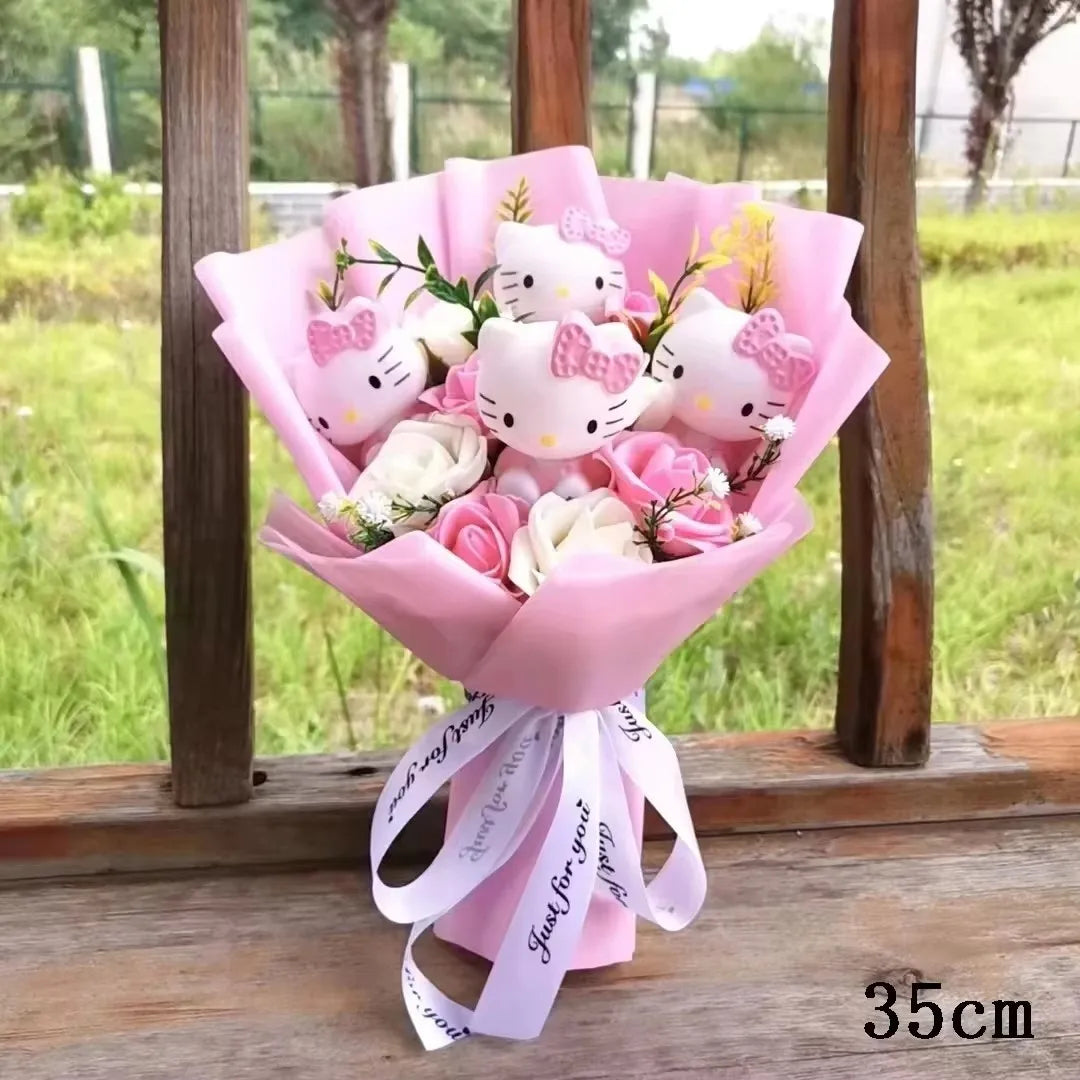 Hello Kitty Plush Bouquet with Rose Kawaii Anime Fluffy Stuffed Plush Doll Christmas Valentine'S Day Holiday Birthday Gift